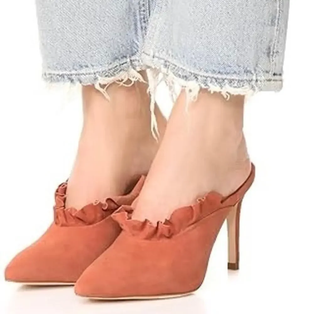 Loeffler Randall Langley Dusty Rose Kid Suede Leather Ruffle Mule Heels